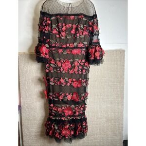 Marchesa Notte Red Embroidered Tea Length Fit Flare Flower Dress Sz 6 NWT